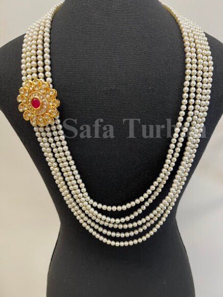 Indian Wedding- Pearl Necklace with Kundan Brooch for Men/Groom for Wedding (5Layers Pearl)