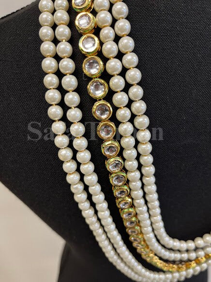 Indian Wedding- Pearl Necklace with Kundan Brooch for Men/Groom for Wedding (5Layers Pearl)