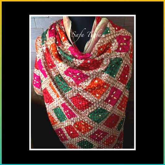Phulkari Dupatta- Women's Chiffon Phulkari Dupatta, Scarf, Multicolour Fulkari Chunni, Dupatta