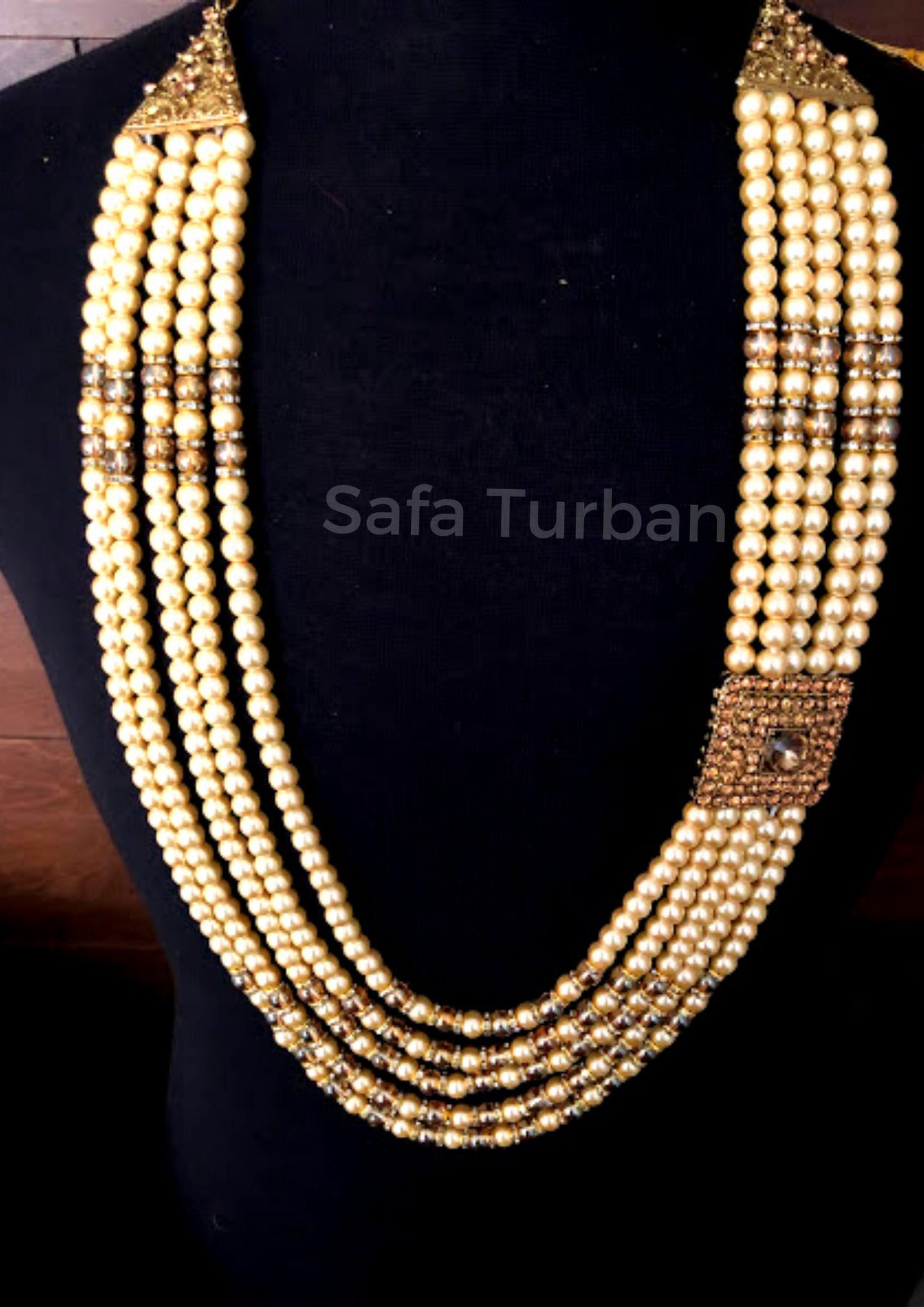 Indian Wedding- Pearl Necklace with Kundan Brooch for Men/Groom for Wedding (Cream/Golden Beads)
