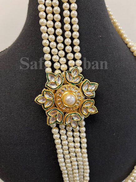 Indian Wedding- Pearl Necklace with Kundan Brooch for Men/Groom for Wedding (5Layers Pearl)