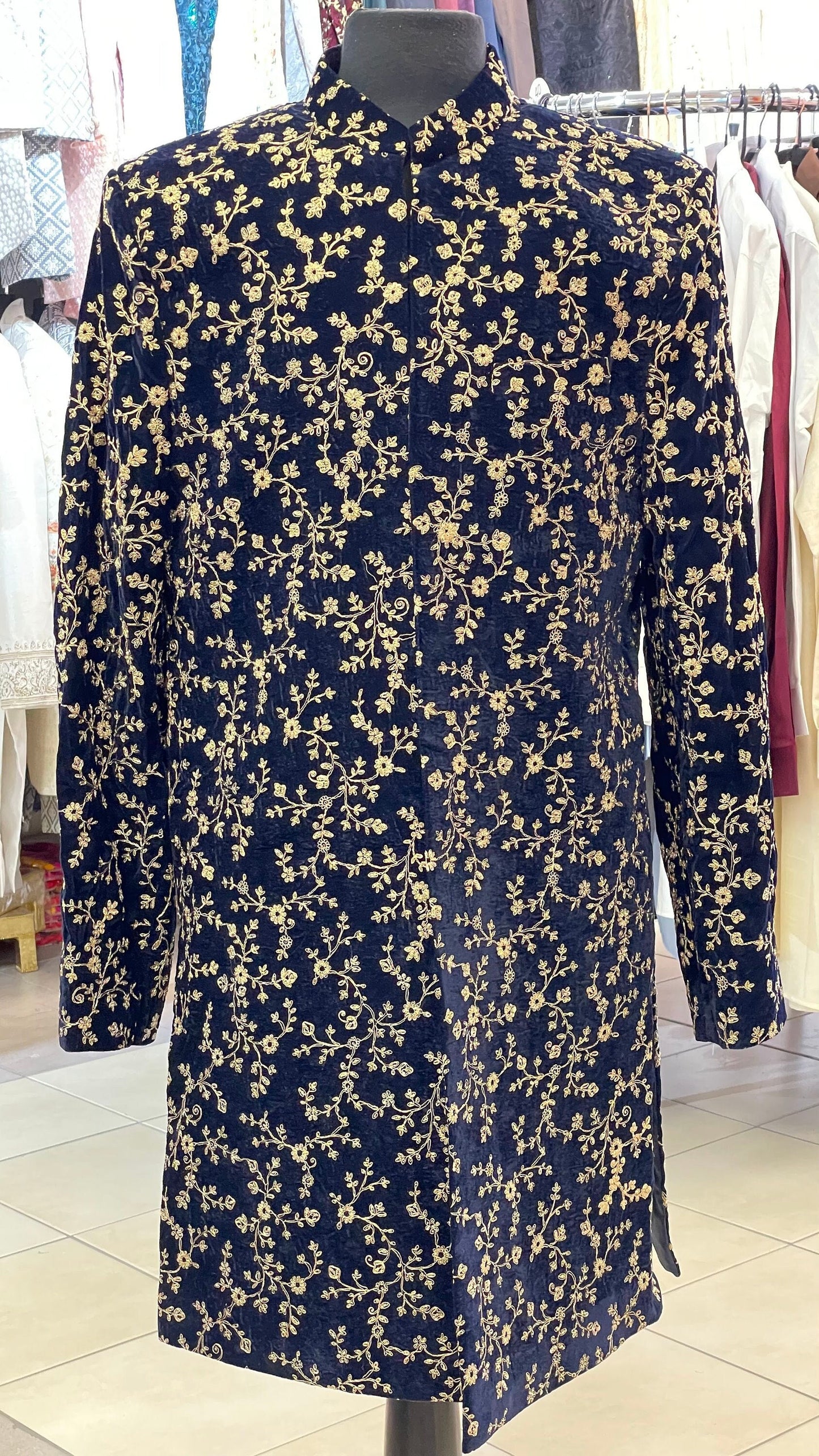 Groom Wedding Sherwani Outfit- Navy Blue Indo Western Coat (Sherwani) With Embroidery