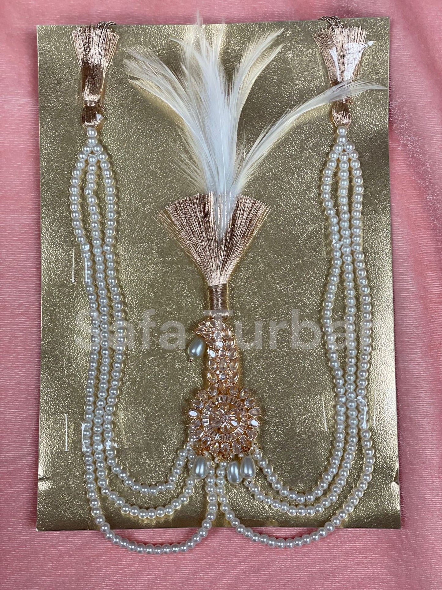 Indian Wedding Accessories-  Kalangi/Kalgi for Men's Safa/Groom Turban in AD Stone (American Dimond) (With offwhite/cream pearl string)