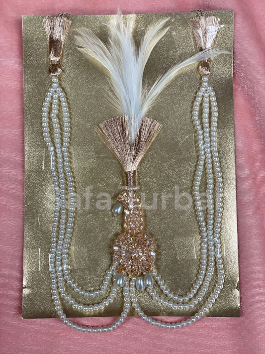 Indian Wedding Accessories-  Kalangi/Kalgi for Men's Safa/Groom Turban in AD Stone (American Dimond) (With offwhite/cream pearl string)