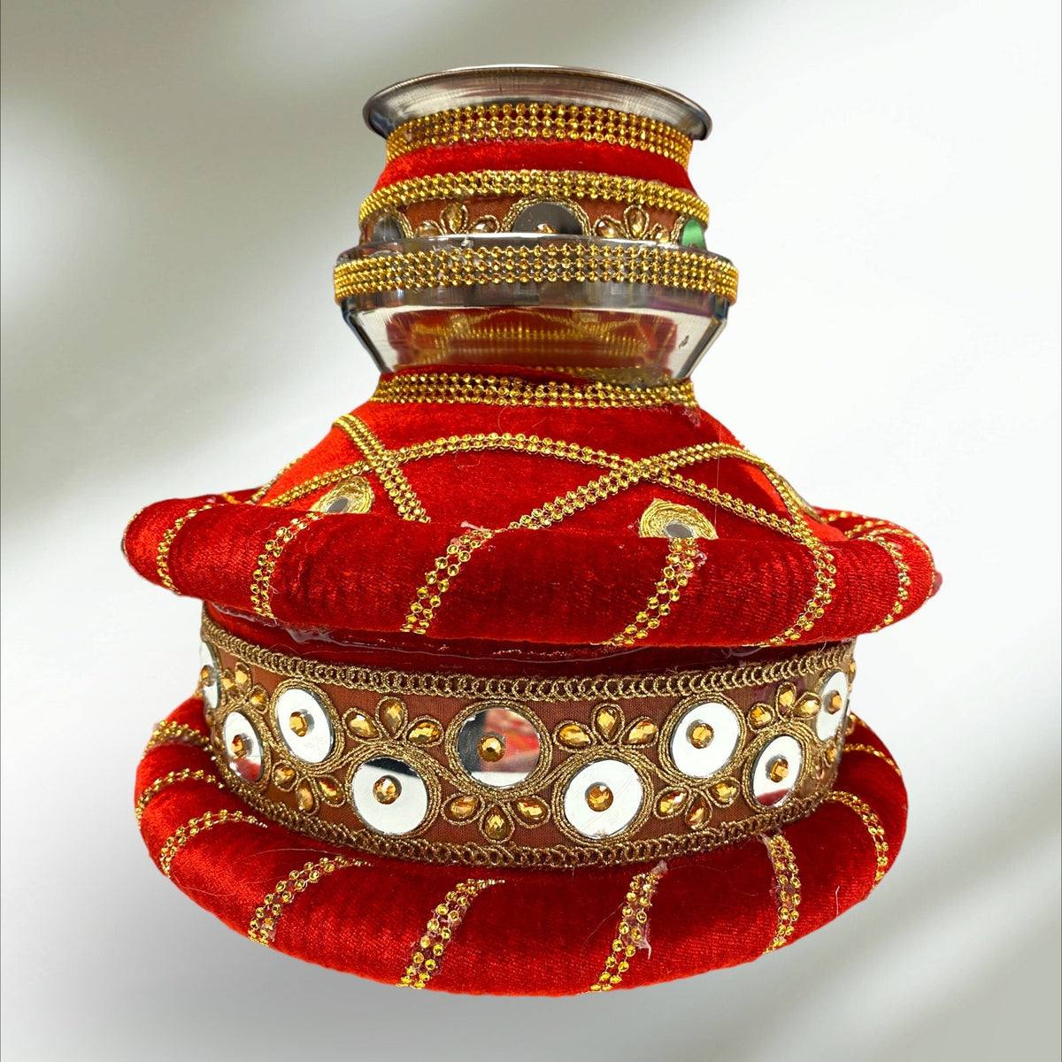 Wedding Accessories- Velvet Red Mirrored Ghadoli/Matka/Kalash For Wedding/Puja with Golden Embroidery