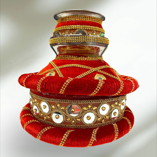 Wedding Accessories- Velvet Red Mirrored Ghadoli/Matka/Kalash For Wedding/Puja with Golden Embroidery