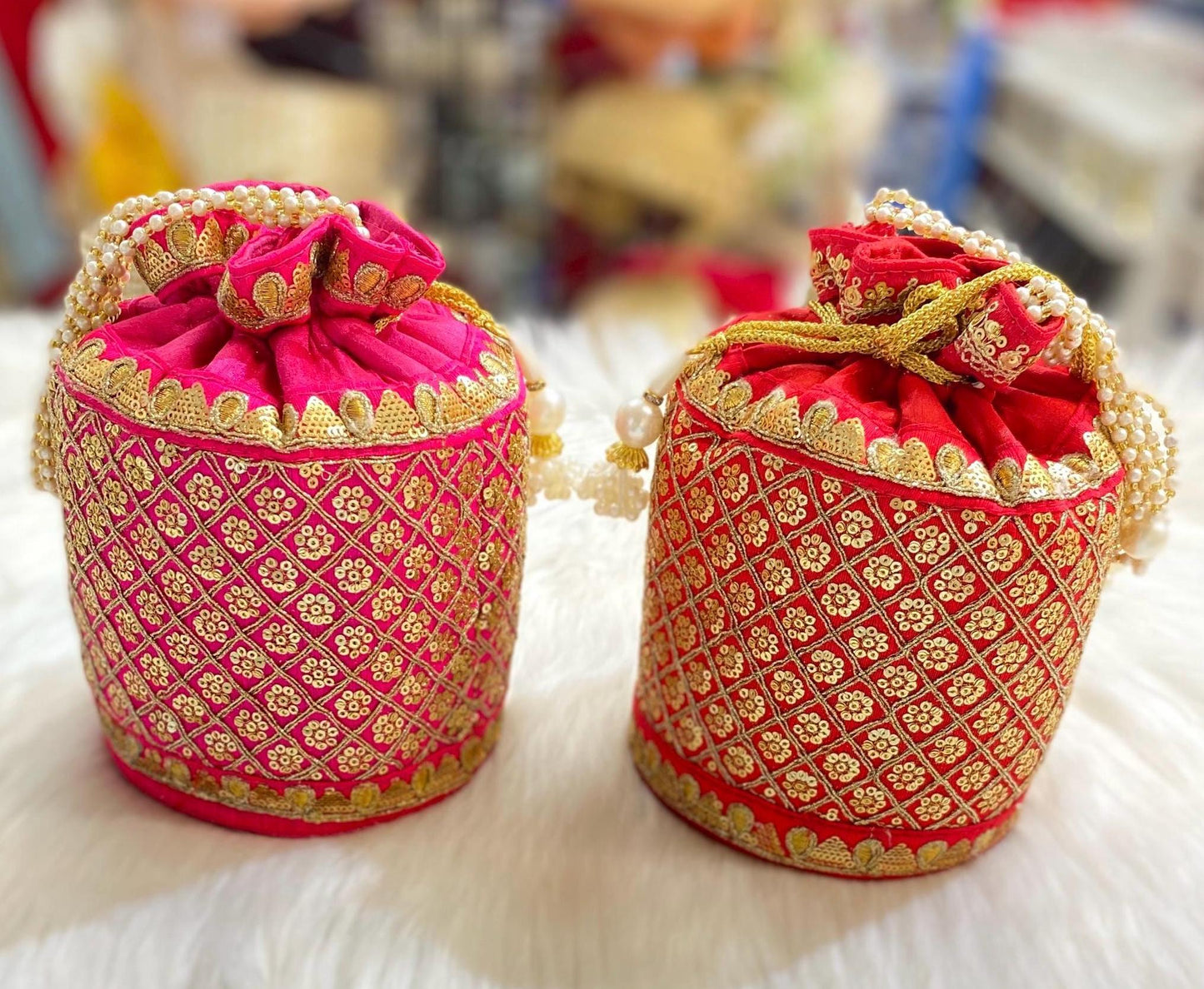 Designer Bridal Potli Bag for women with Embroidery and Embellished Stones- Red and Hot Pink