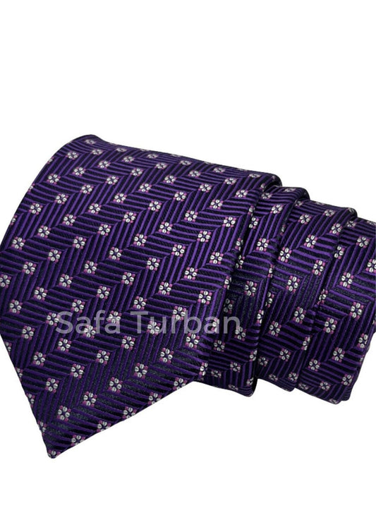 Mens Plaid Micro Self Silk Necktie Gift Set With Pocket Square (Purple/White)