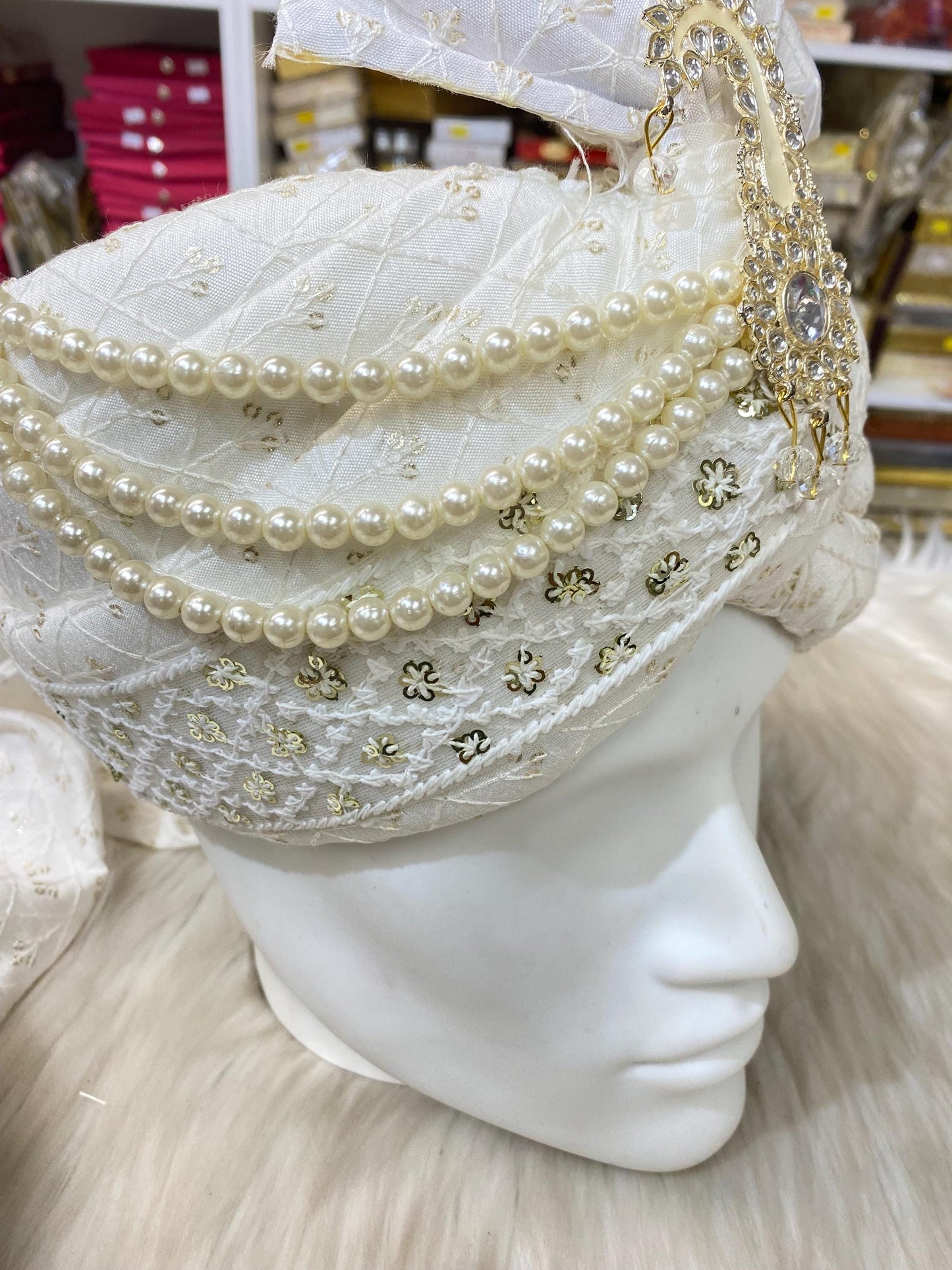 Groom Wedding Turban-Off White Chiffon Turban with Palla- Safa Turban/Premade Turban/ Wedding Safa/Turban/Pagdi for Men (Groom)/ Thalapa
