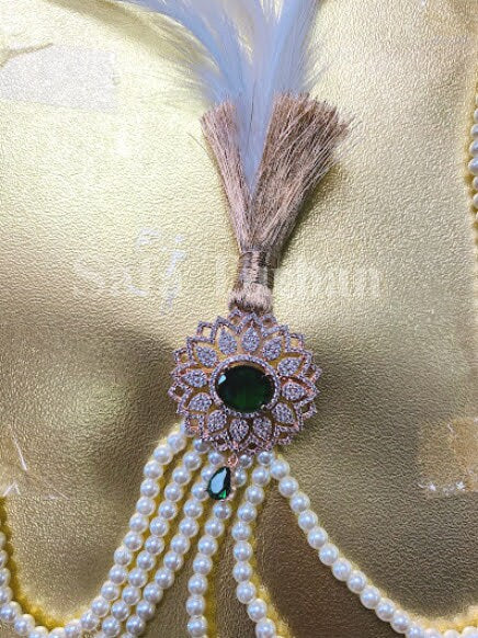 Indian Wedding Accessories-  Kalangi/Kalgi for Men's Safa/Groom Turban (With Gemstone and White Pearl String Chain)