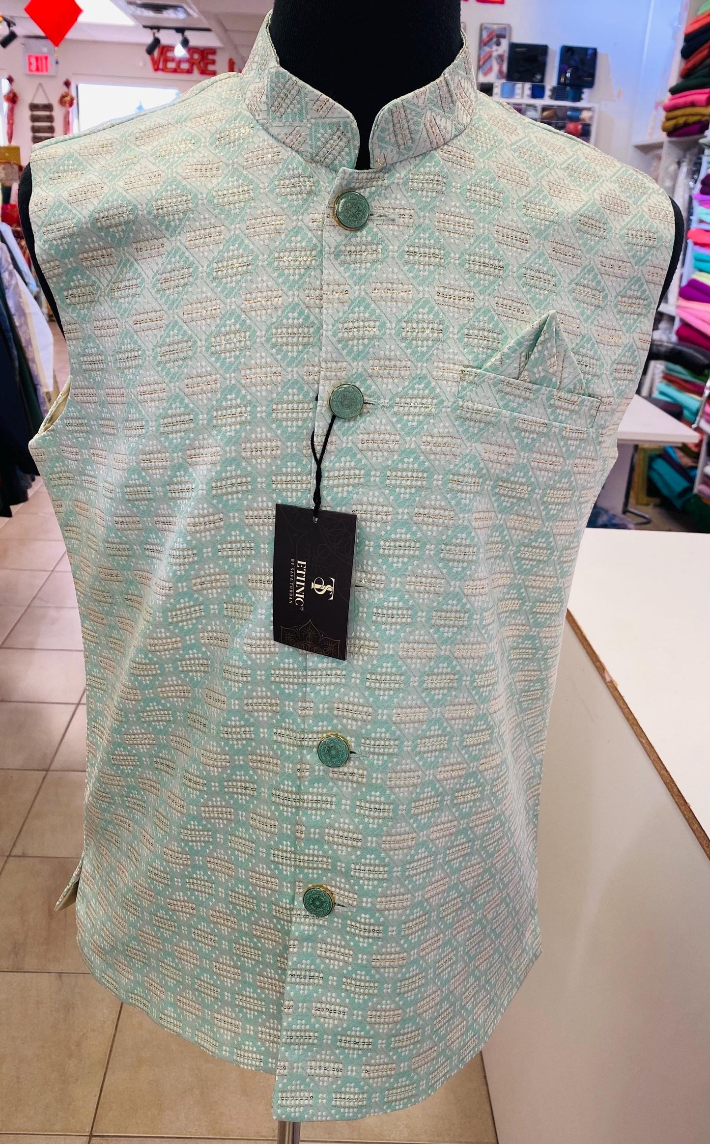 Designer Sea Green Men Vests- Men Vests- Wedding Vest, Kurta Pajama Vest, Prom Party Dress, Casual Wear (Size available 38,40,42,44,46)