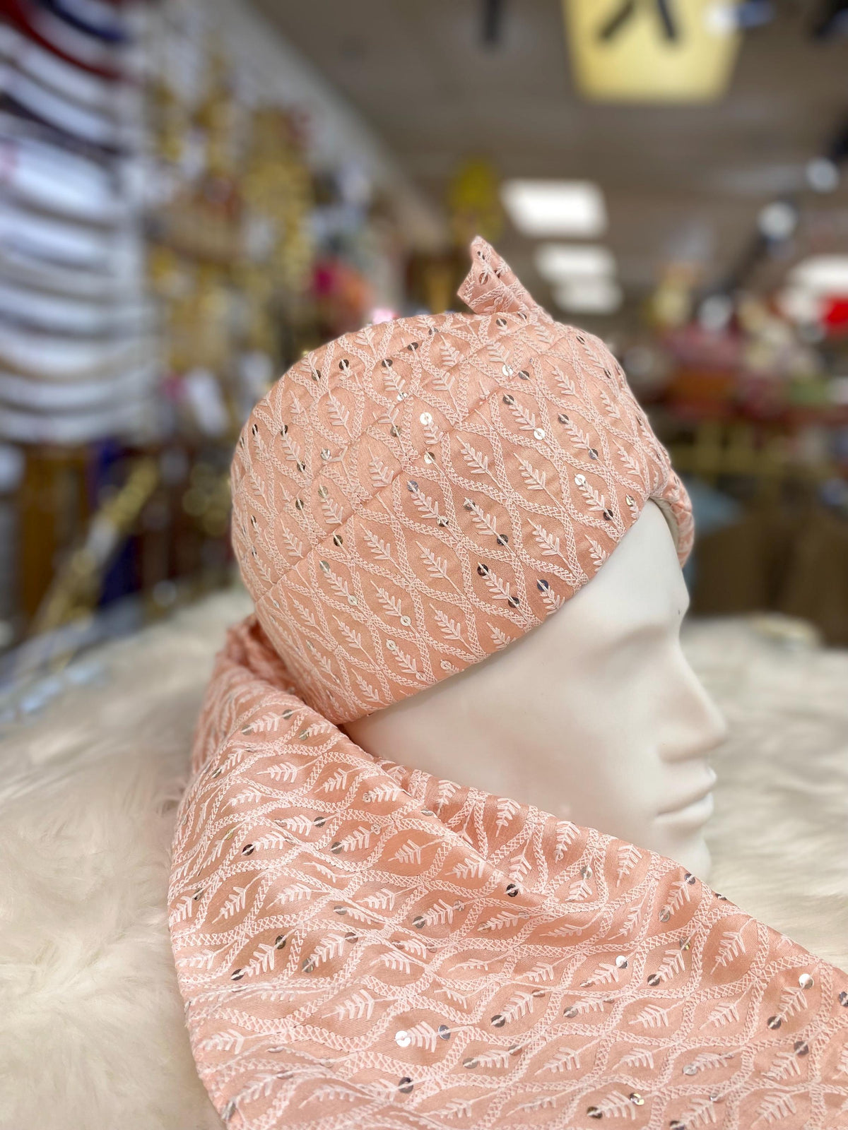 Groom Wedding Turban- Peach Chikankari AdjustableTurban(with velcro)- Safa Turban/Pagdi/Premade Turban/ Wedding Safa/Turban/Pagdi for Men