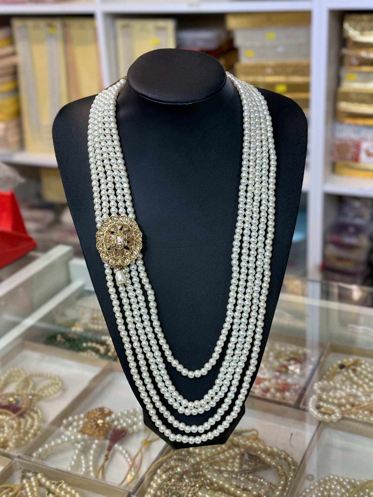 Indian Wedding- Pearl Stone Five Layer  Studded Necklace for Men/Groom for Wedding