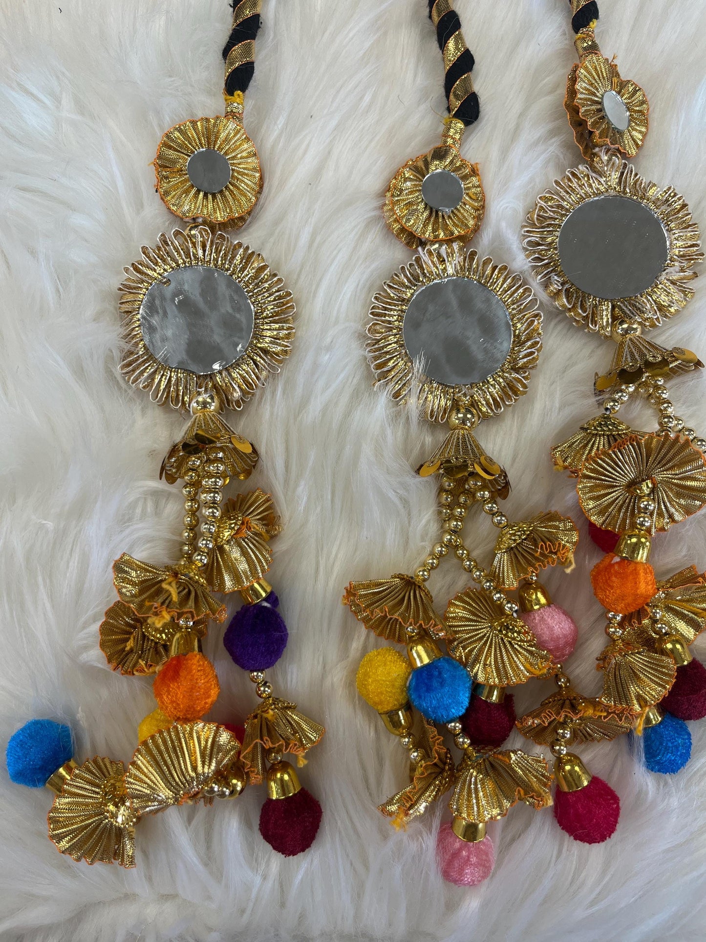 Punjabi Golden/Multi Colour Fabric Parandi Tassles Hair Extensions with Beads for Women and Girls (Sold per piece)