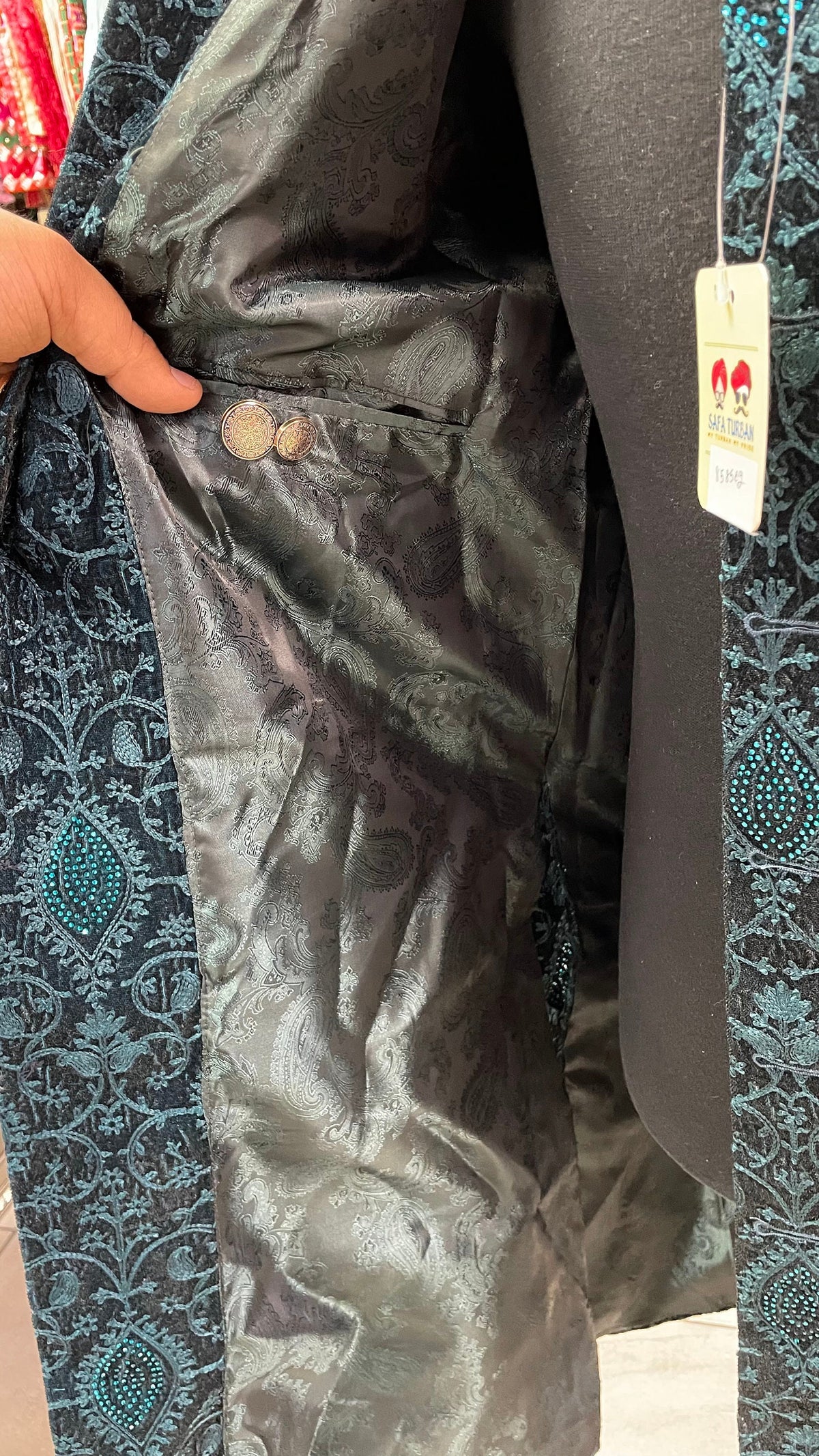 Designer Black Indo Western Coat For Men With Teal Green Embroidery