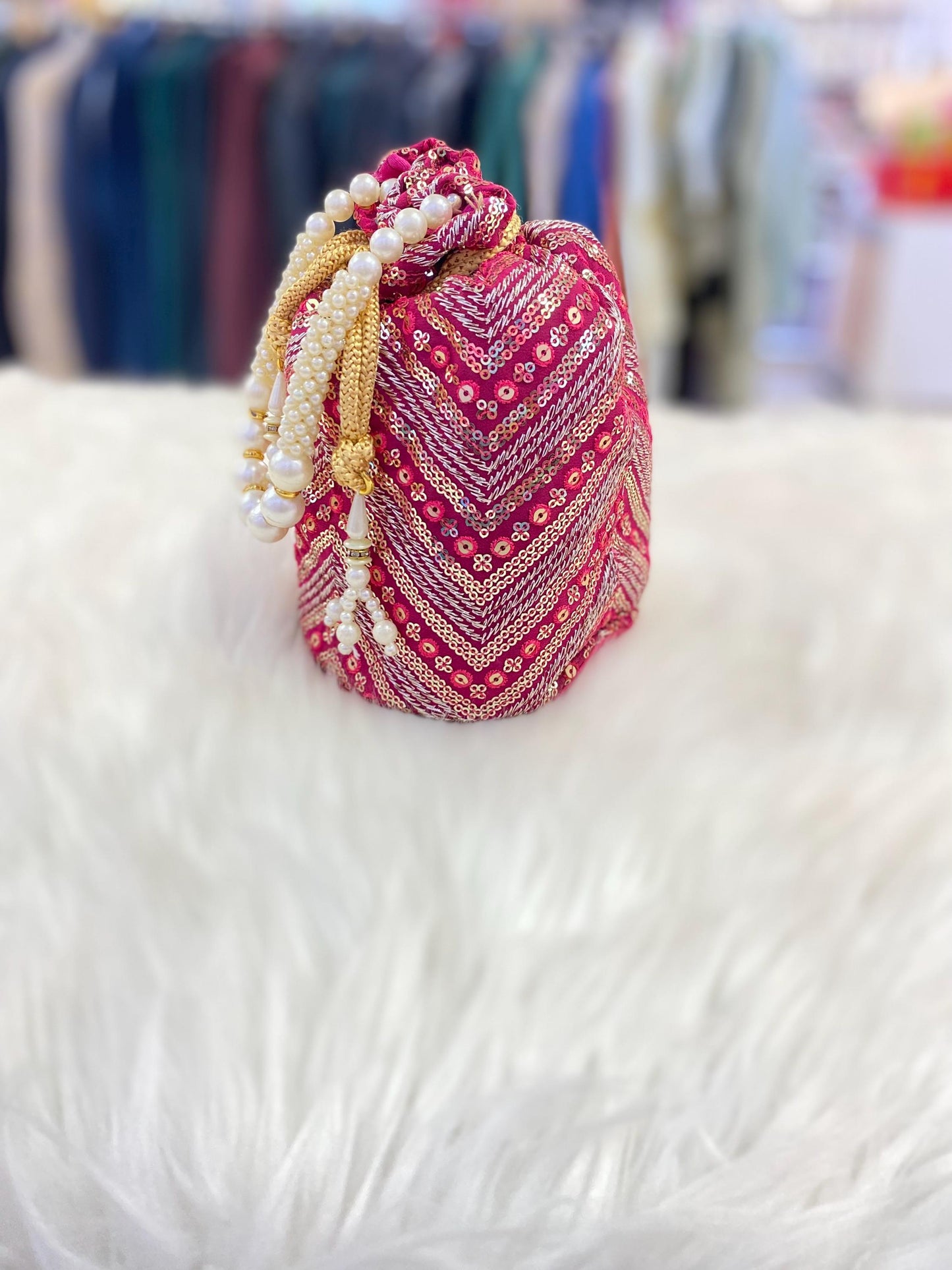 Designer Bridal Potli Bag for women with Embroidery and Embellished Stones- Red