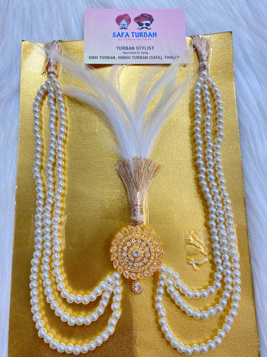 Indian Wedding Accessories-  Kalangi/Kalgi for Men's Safa/Groom Turban (AD-Golden stones with white pearl string chain)