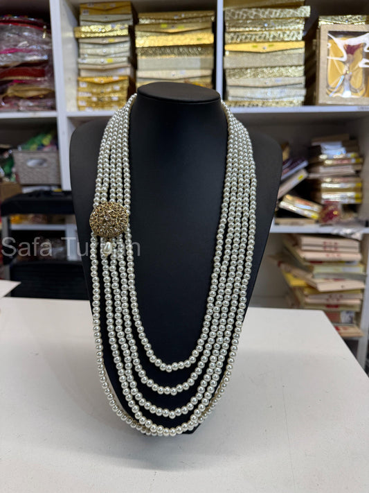 Indian Wedding-Pearl Necklace with Brooch, five Layered Maharaja Haar/ Necklace for Groom for Wedding