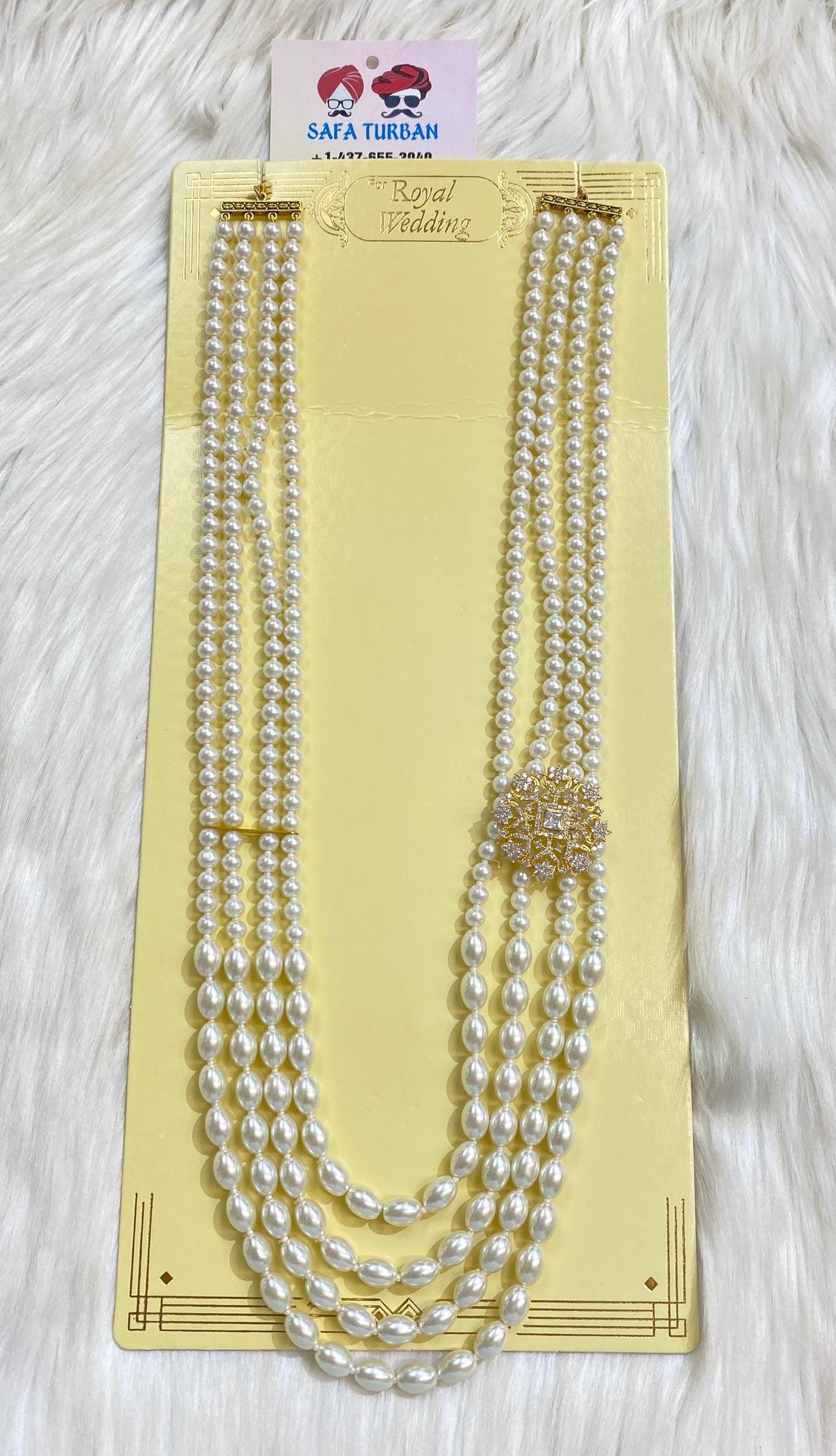 Indian Wedding- Pearl Necklace with Brooch for Men/Groom for Wedding (4Layers Pearl)