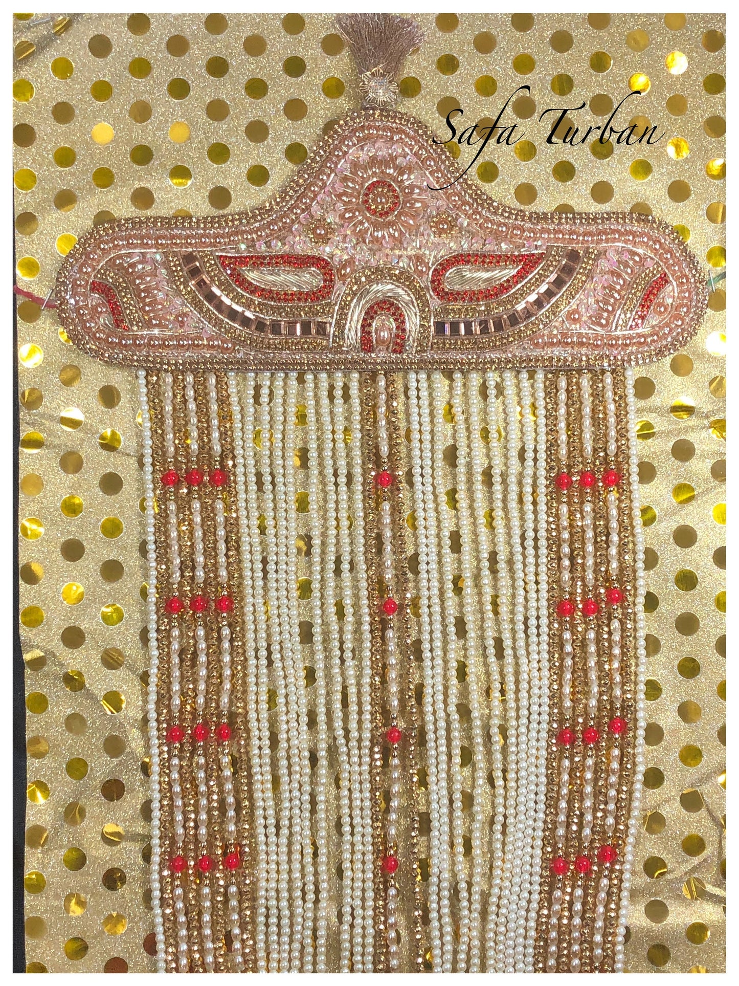 Indian Groom Sehra- Indian Wedding Accessories- Golden Sehra with White and Red Pearl