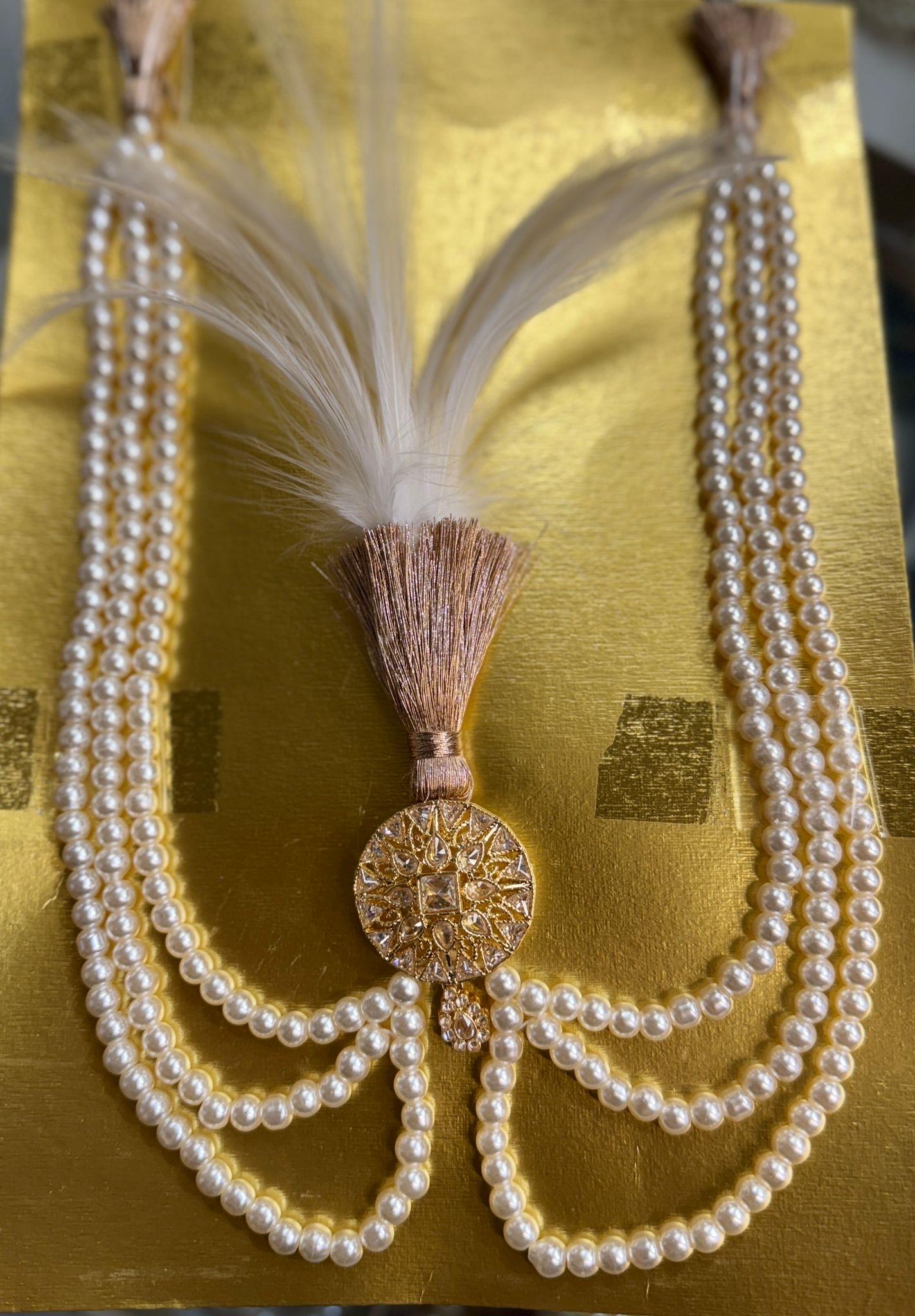 Kalgi, Sehra and Pearl Necklace Set -  Kalangi/Kalgi, Traditional Sehra, Pearl Necklace with Brooch for Groom (Trio Combo)