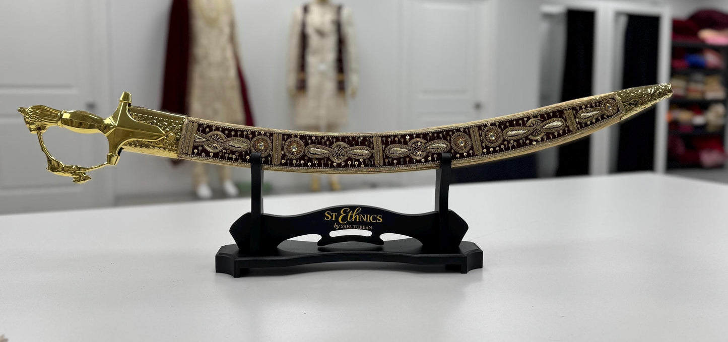 Indian Wedding Decorative Sword/Kirpan- Maroon Golden Sword with Golden work handle/For wedding purpose/Indian Rajput Wedding Sword