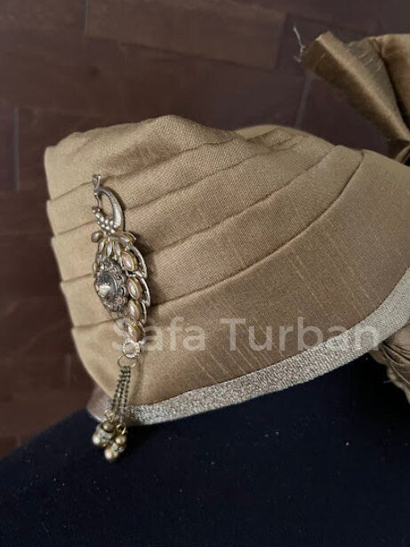 Indian Wedding- Raw Silk Fabric handmade Safa for groom in Golden colour, Groom Head Safa Turban/Pagdi/Premade Turban Headwrap for Dulha