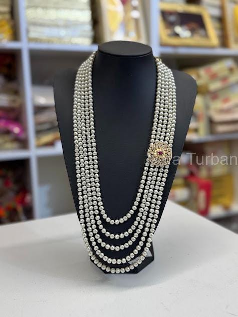 Indian Wedding-Pearl Necklace with Brooch, five Layered Maharaja Haar/ Necklace for Groom for Wedding