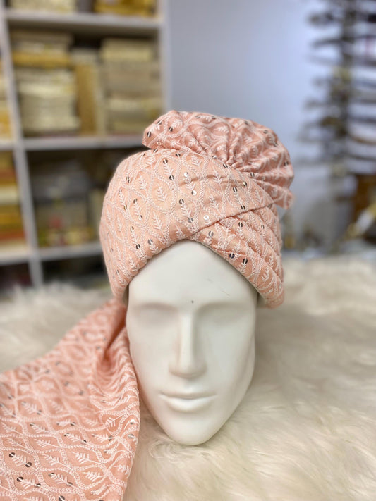 Groom Wedding Turban- Peach Chikankari AdjustableTurban(with velcro)- Safa Turban/Pagdi/Premade Turban/ Wedding Safa/Turban/Pagdi for Men