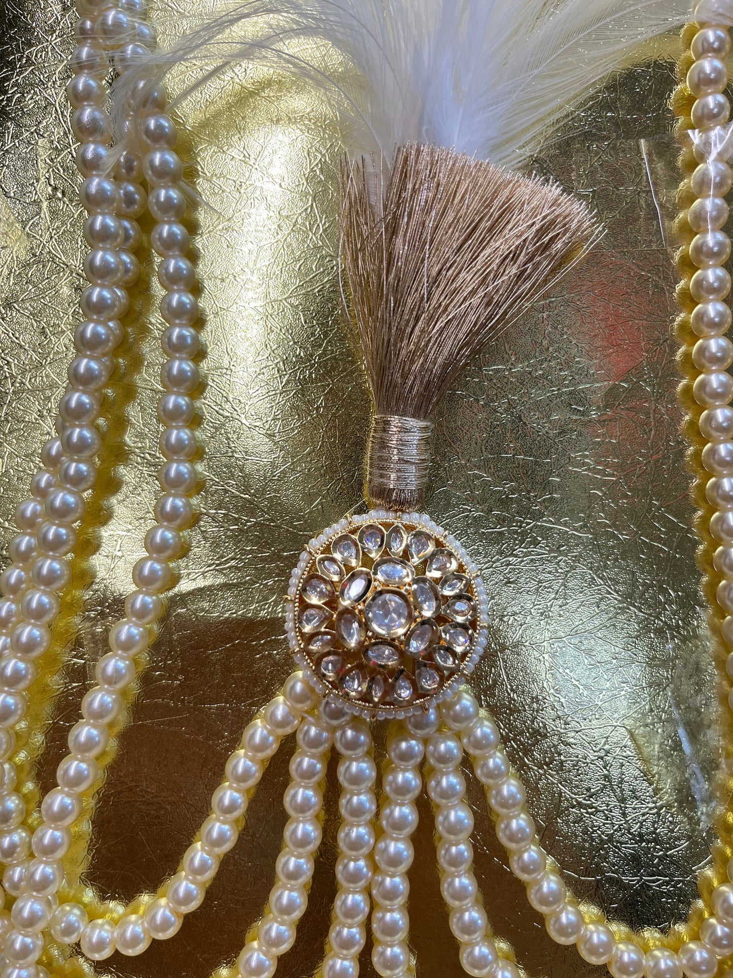 Kalgi  and Pearl Necklace- Paachi Kundan Kalangi/Kalgi, Pearl Necklace with Kundan Brooch for Men's Safa/Groom Pagdi