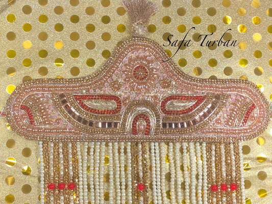 Indian Groom Sehra- Indian Wedding Accessories- Golden Sehra with White and Red Pearl