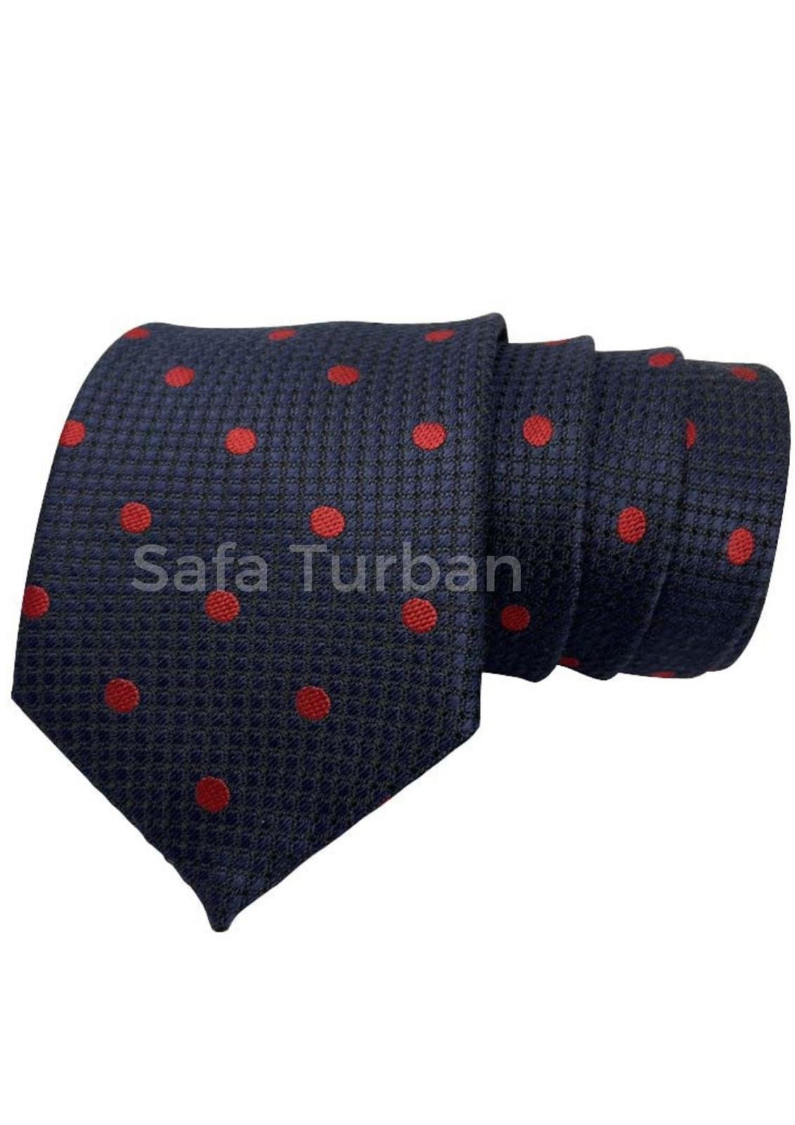 Mens Plaid Micro Self Silk Necktie Gift Set With Pocket Square (Navy Blue with Red Polka Dots)