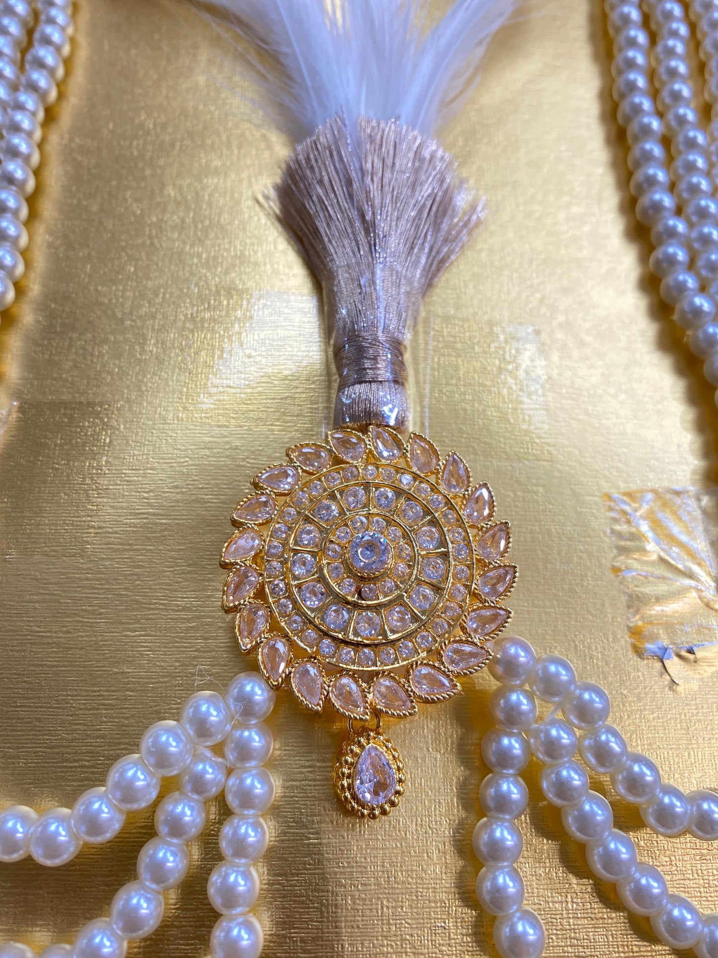 Indian Wedding Accessories-  Kalangi/Kalgi for Men's Safa/Groom Turban (AD-Golden stones with white pearl string chain)
