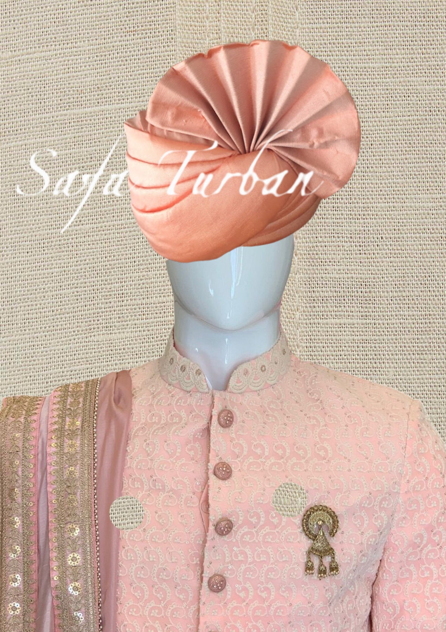 Indian Wedding- Silk Fabric handmade Safa for groom in Peach colour, Groom Head Safa Turban/Pagdi Headwrap for Dulha