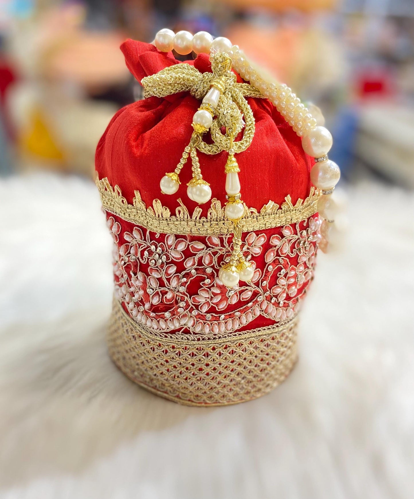 Designer Bridal Potli Bag for women with Embroidery and Embellished Stones- Red