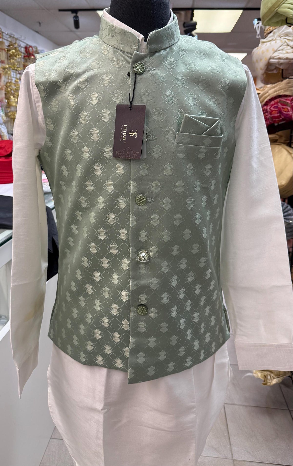 Designer Mint Green (Sage Green) Men Vest- Wedding Vest, Kurta Pajama Vest, Casual Wear (Size available 38,40,42,44,46)