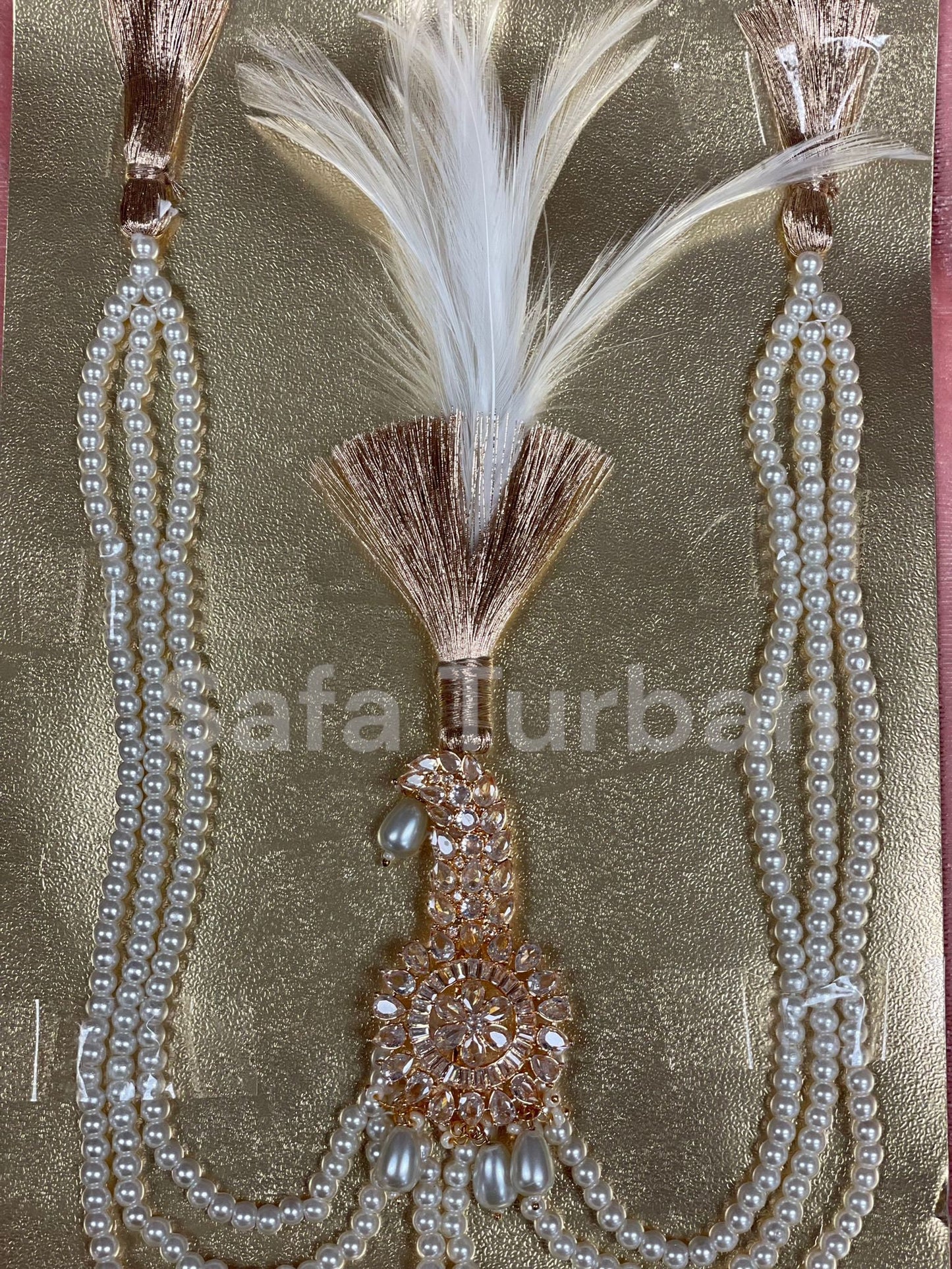 Indian Wedding Accessories-  Kalangi/Kalgi for Men's Safa/Groom Turban in AD Stone (American Dimond) (With offwhite/cream pearl string)
