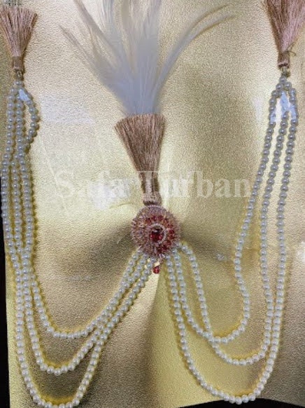 Indian Wedding Accessories-  Kalangi/Kalgi for Men's Safa/Groom Turban (Red beads with white pearl string chain)