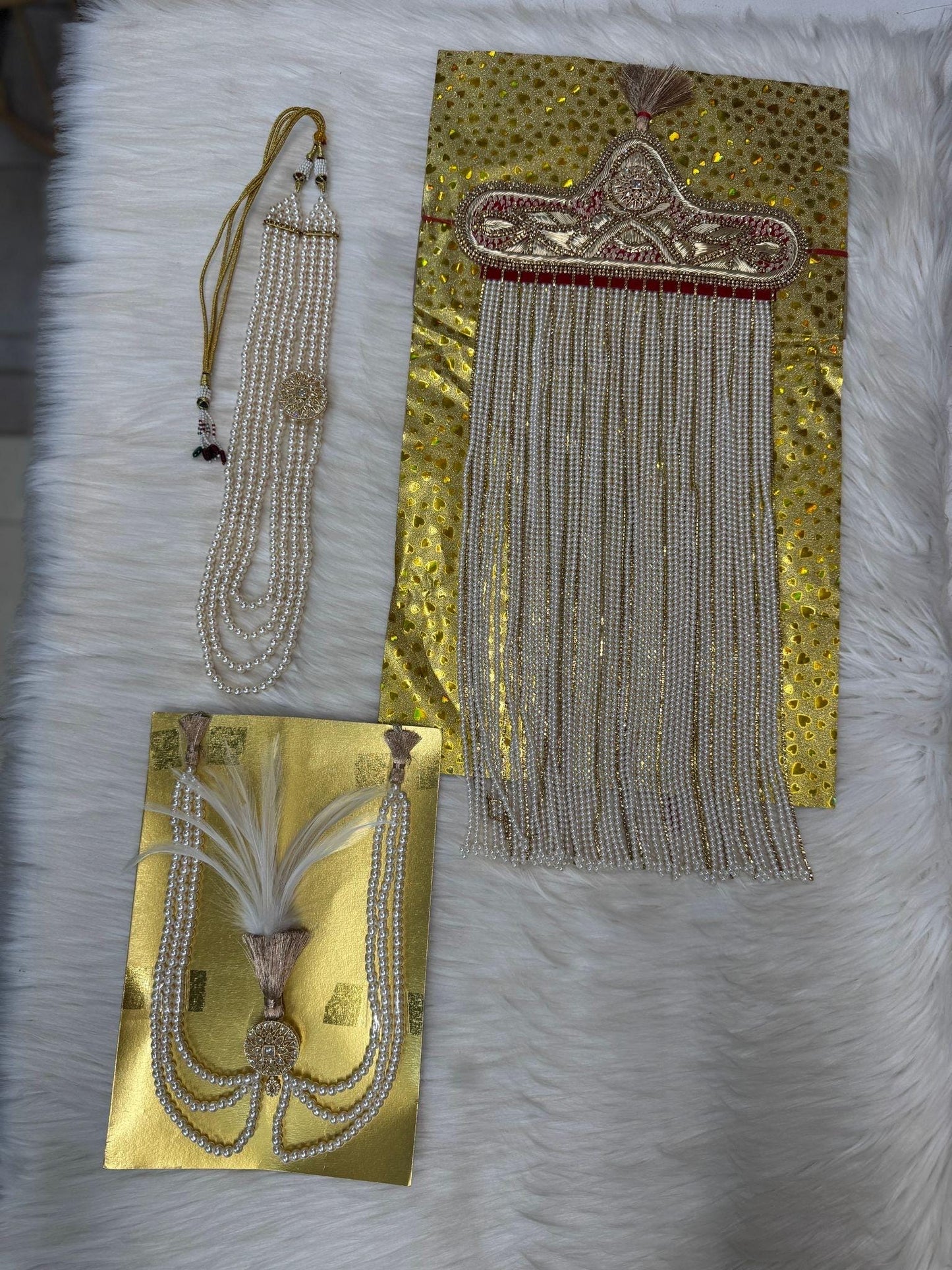 Kalgi, Sehra and Pearl Necklace Set -  Kalangi/Kalgi, Traditional Sehra, Pearl Necklace with Brooch for Groom (Trio Combo)