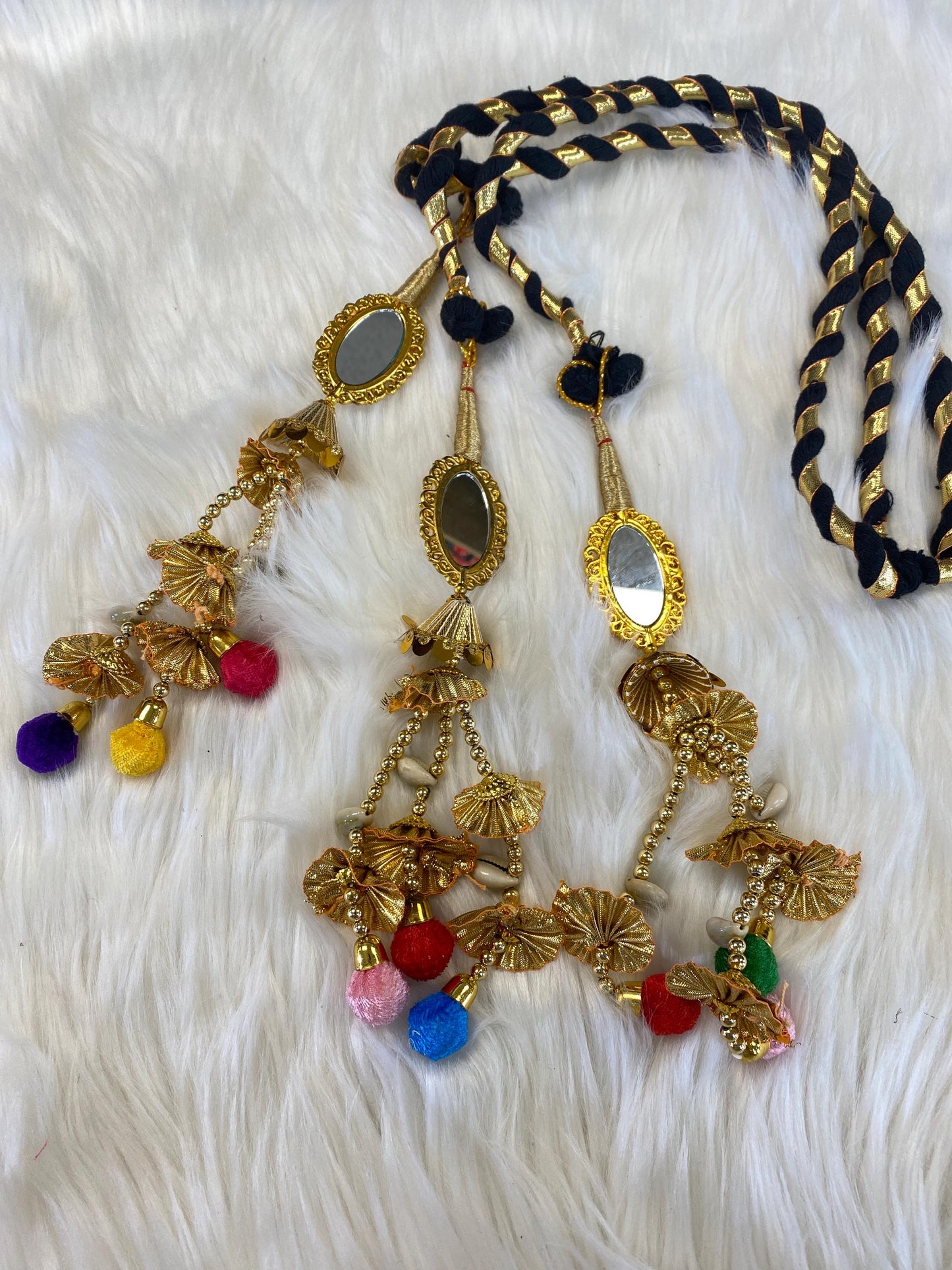Punjabi Golden and multi Colour Fabric Parandi Tassles Hair Extensions with Beads for Women and Girls (Sold per piece)