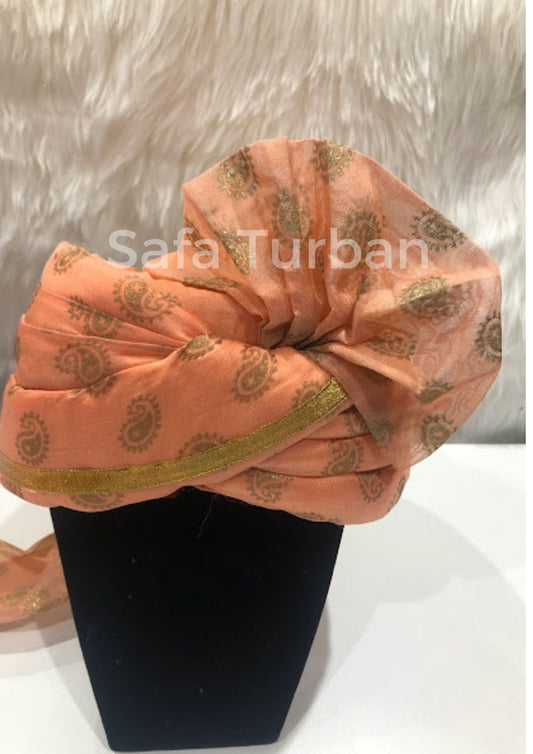 Wedding Turban- Peach Safa with Golden Golden Border and Pasley Design- Safa Turban/Premade Turban/ Wedding Safa (Baraati/Family Turban)