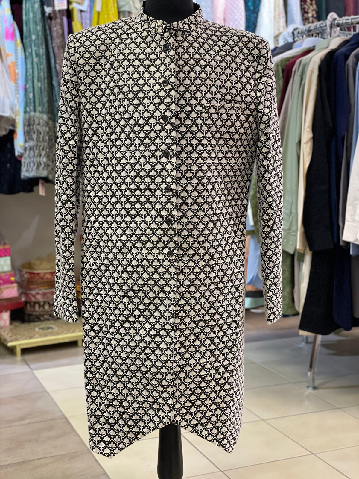 Designer Black & White Indo Western Coat For Men With Fine Embroidery