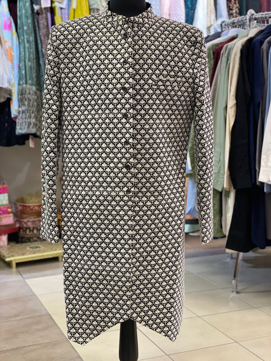 Designer Black & White Indo Western Coat For Men With Fine Embroidery