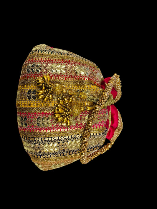 Designer Bridal Potli Bag for women with Golden Embroidery and Gotta Work- Multicolored