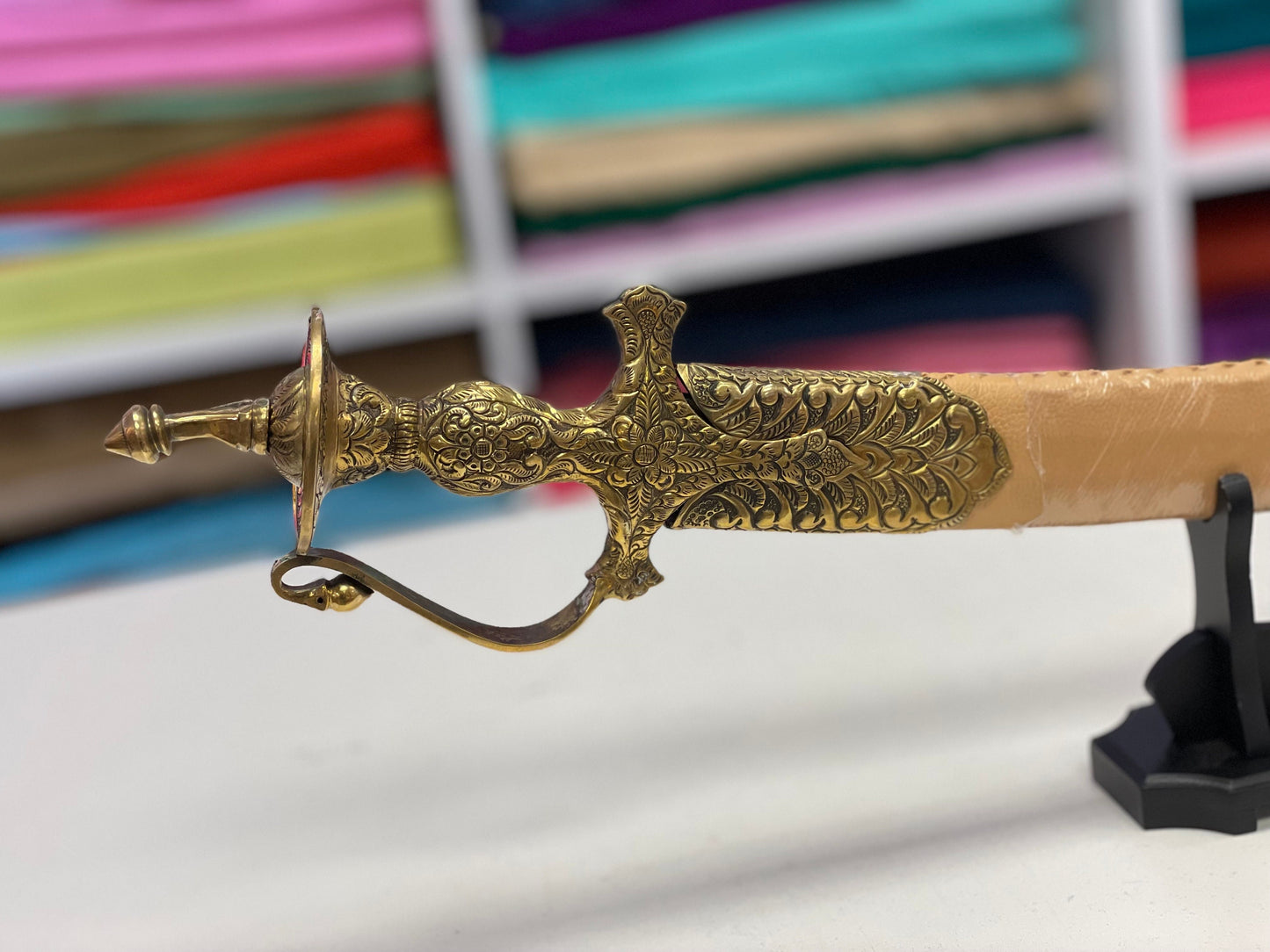 Indian Wedding Decorative Sword/Kirpan- Beige Leather Sword with Golden hand engraving handle/For wedding purpose/Indian Wedding Sword