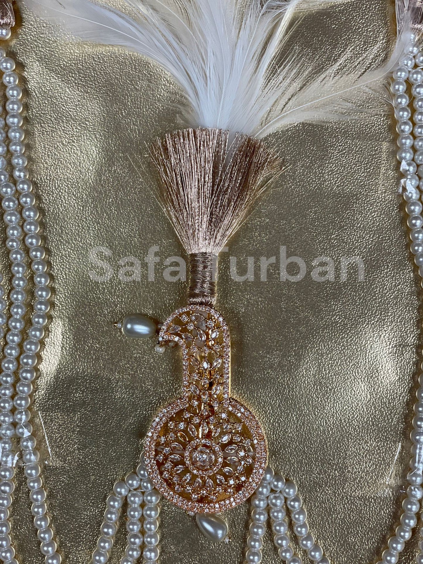 Indian Wedding Accessories-  Kalangi/Kalgi for Men's Safa/Groom Turban in AD Stone (American Dimond) (With offwhite/cream pearl string)