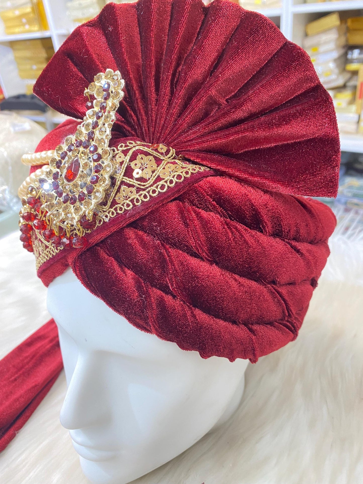 Groom Wedding Turban-Red Velvet Turban with Shawl- Safa Turban/Pagdi/Premade Turban/ Wedding Safa/Turban/Pagdi for Men (Groom)/ Thalapa