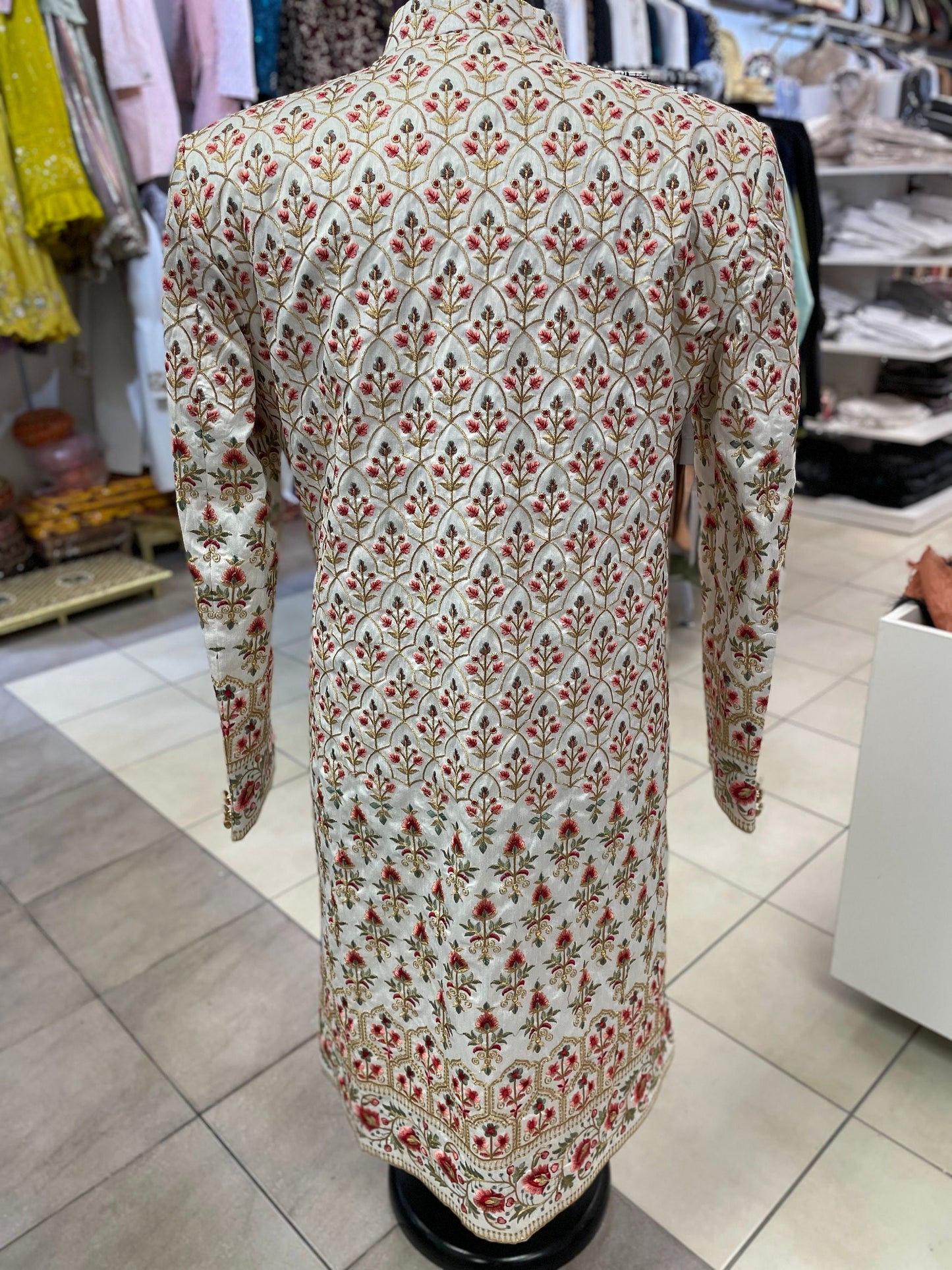 Groom Wedding Sherwani Outfit- White Multi Coloured Indo Western Coat (Sherwani) With Embroidery