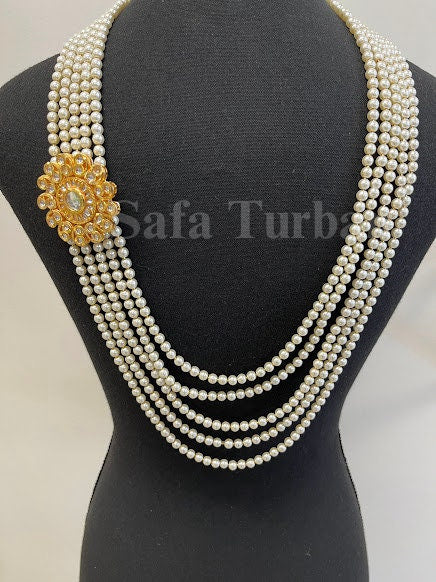 Indian Wedding- Pearl Necklace with Kundan Brooch for Men/Groom for Wedding (5Layers Pearl)