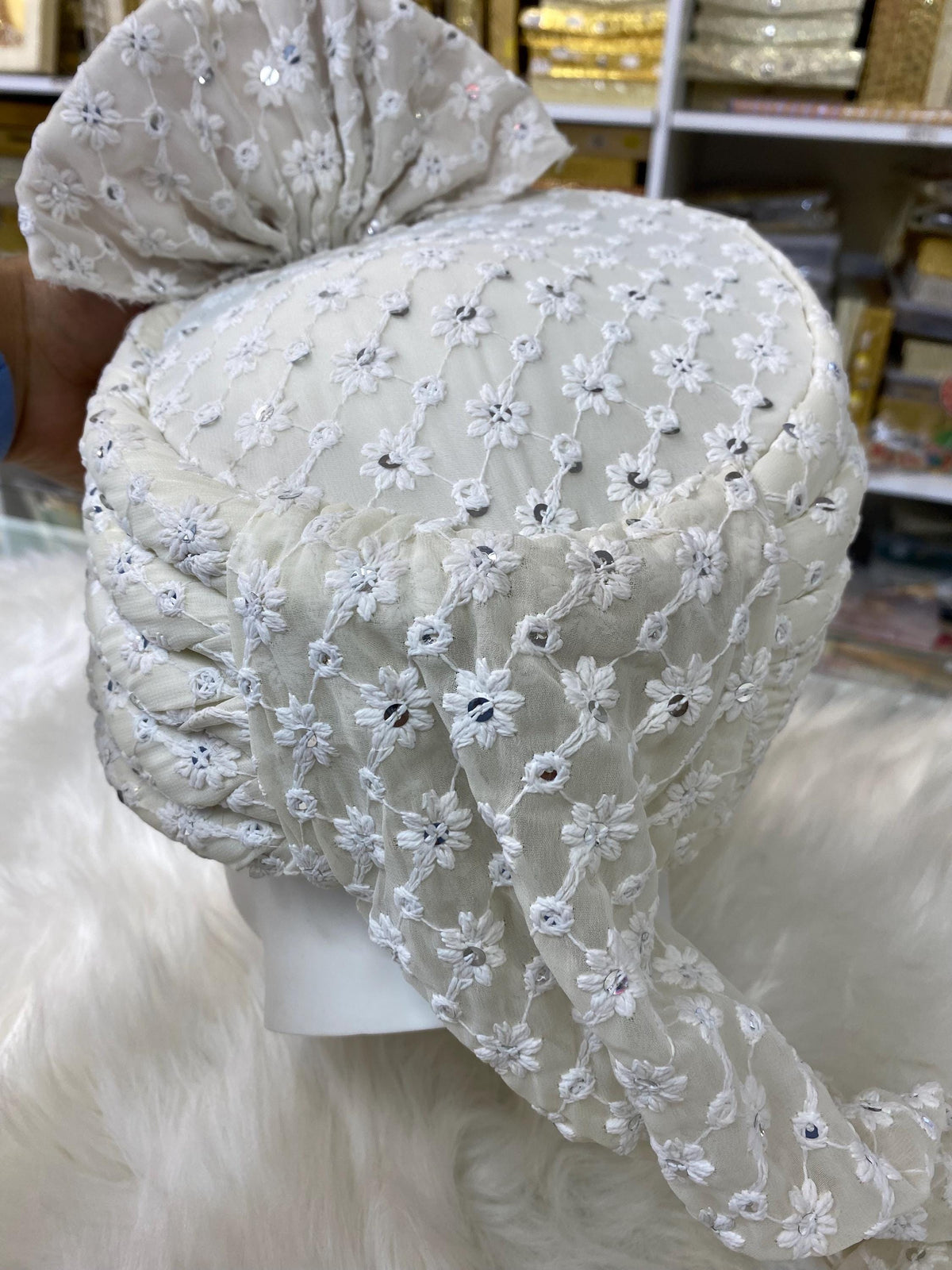 Groom Wedding Turban- Beigh/Cream Chikankari Adjustable Turban(with velcro)- Safa Turban/Pagdi/Premade Turban/ Wedding Safa/Turban